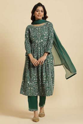 dark green floral printed kurta, pants & dupatta set - green