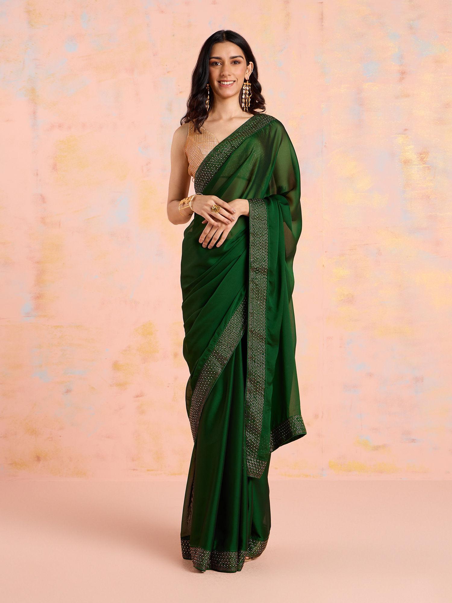 dark green georgette embellished and sequined saree with unstitched blouse liksar17 (free size)