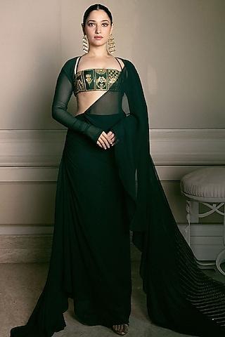 dark green georgette trikone embroidered draped skirt saree set