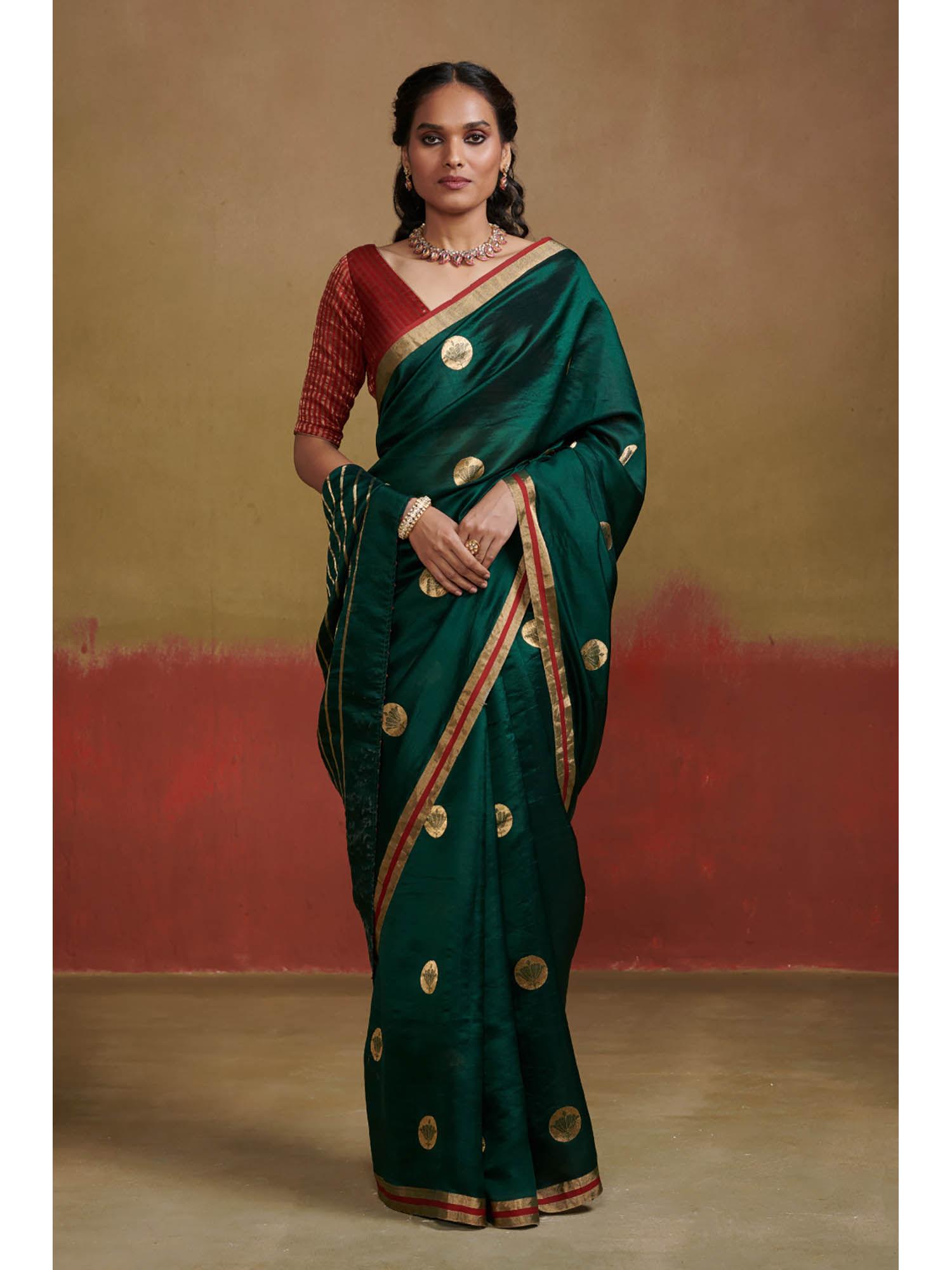 dark green handloom chanderi silk saree with zari without blouse