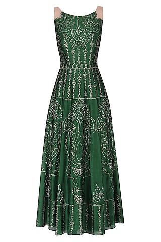 dark green handwoven chanderi pitta embroidered gown for girls