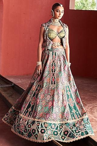 dark green jamawar silk bead embroidered jacket lehenga set