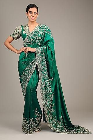 dark green kora silk cutdana & pearl embroidered saree set
