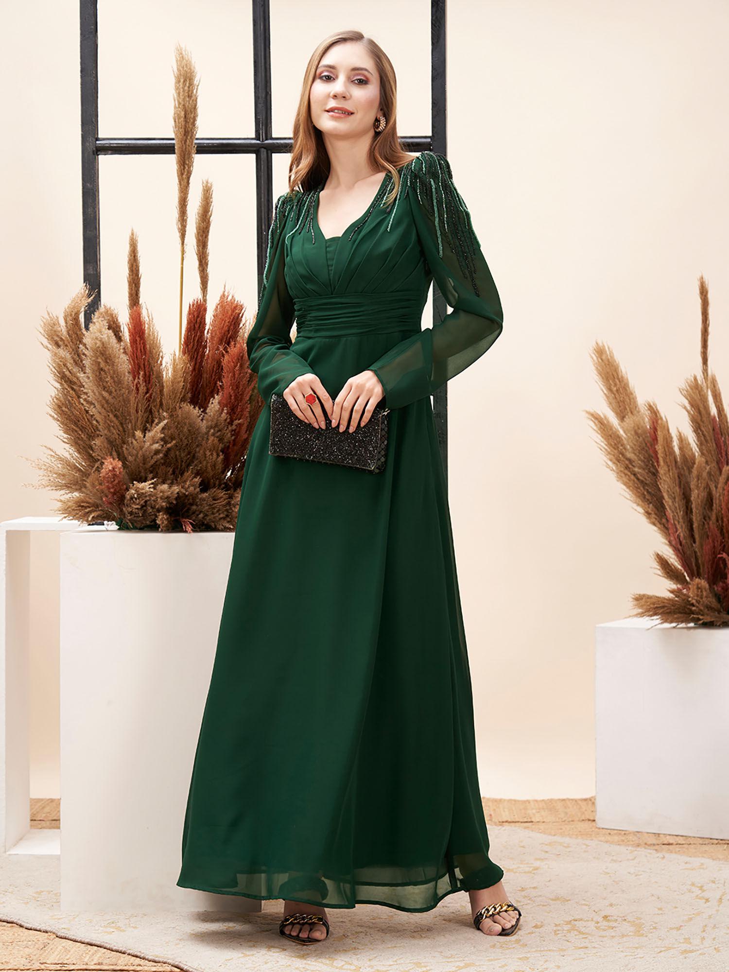 dark green maxi party wear dress with heavy hand embroidery