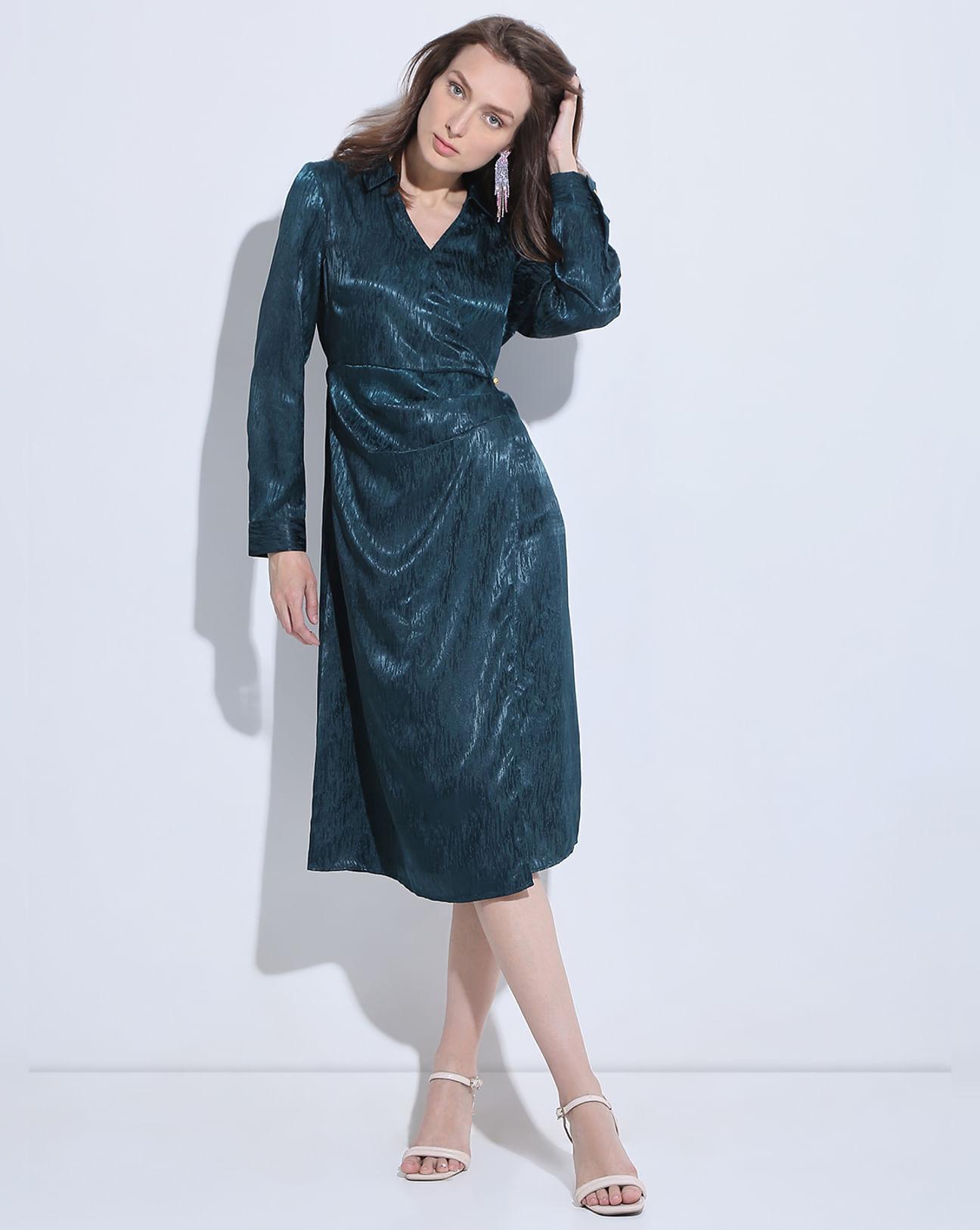 dark green mock wrap midi dress