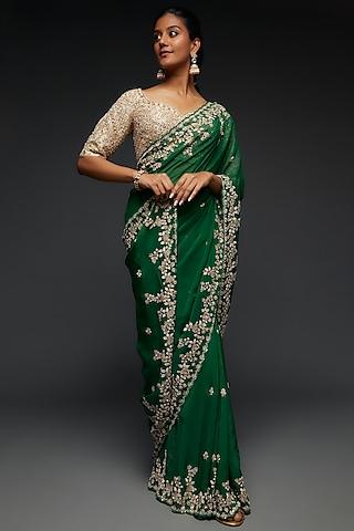 dark green organza embroidered saree set