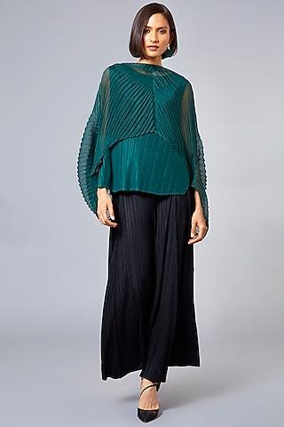 dark green pleated top with draped shawl