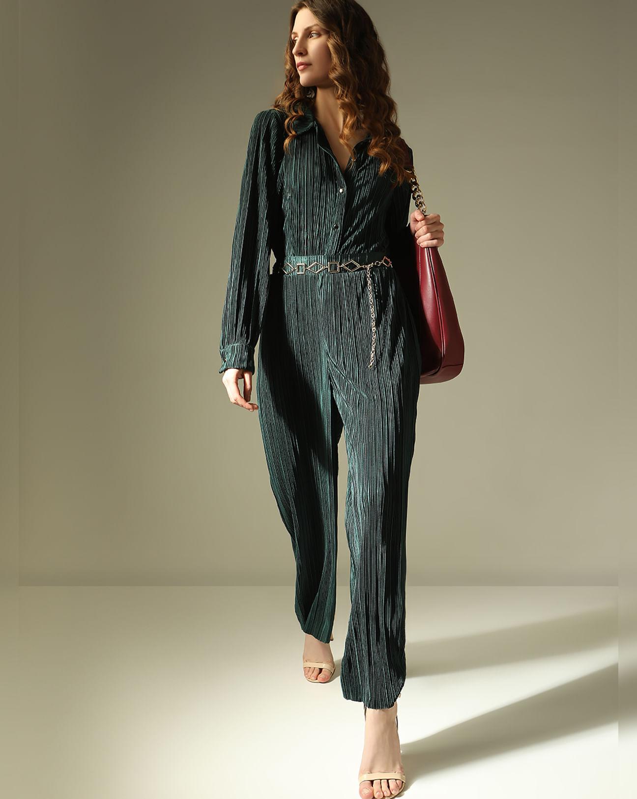 dark green plisse co-ord set pants