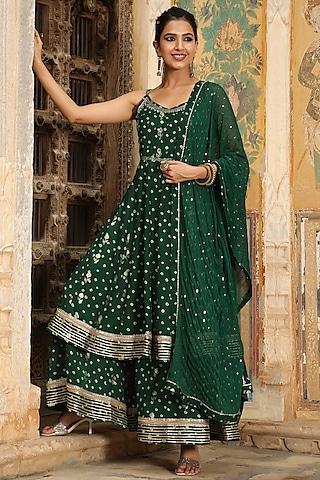 dark green printed anarkali set