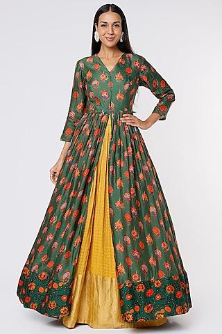 dark green printed cape set