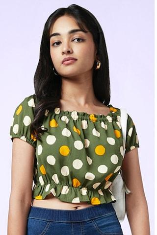 dark green printed casual half sleeves square neck women regular fit top