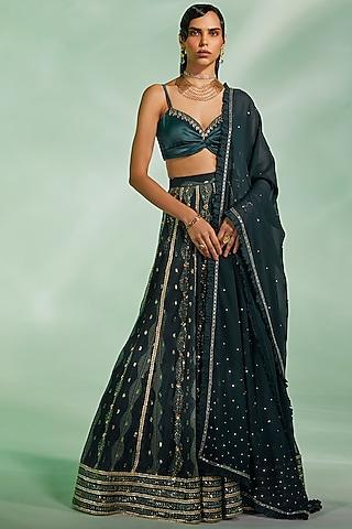 dark green printed lehenga set