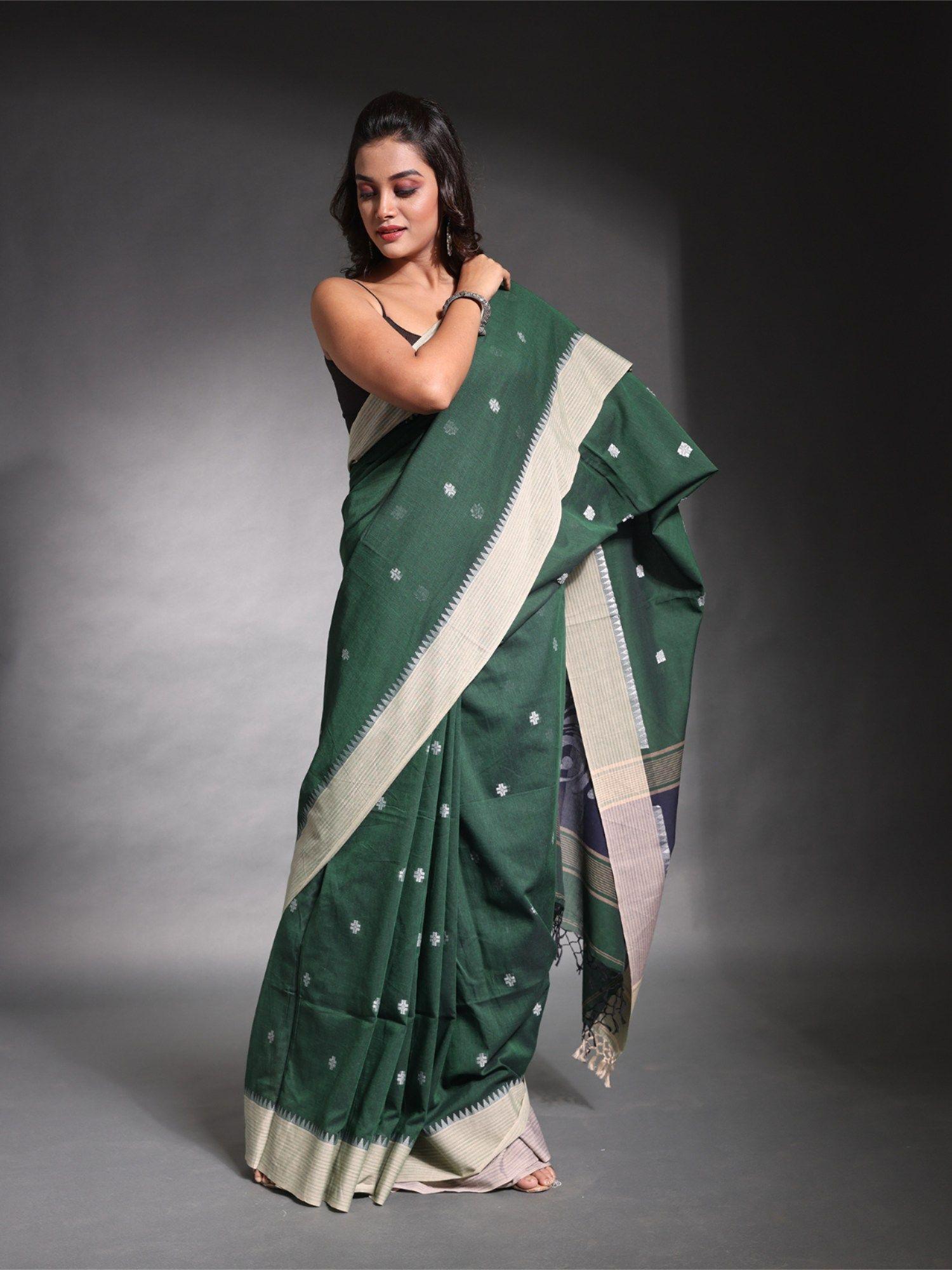 dark green pure cotton temple border soft saree with unstitched blouse