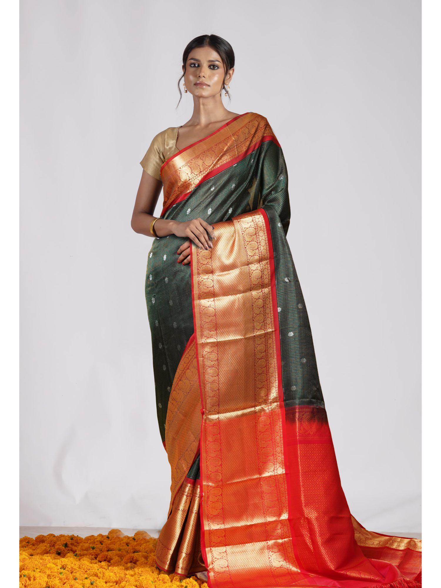 dark green pure handloom assam silk saree with unstitched blouse