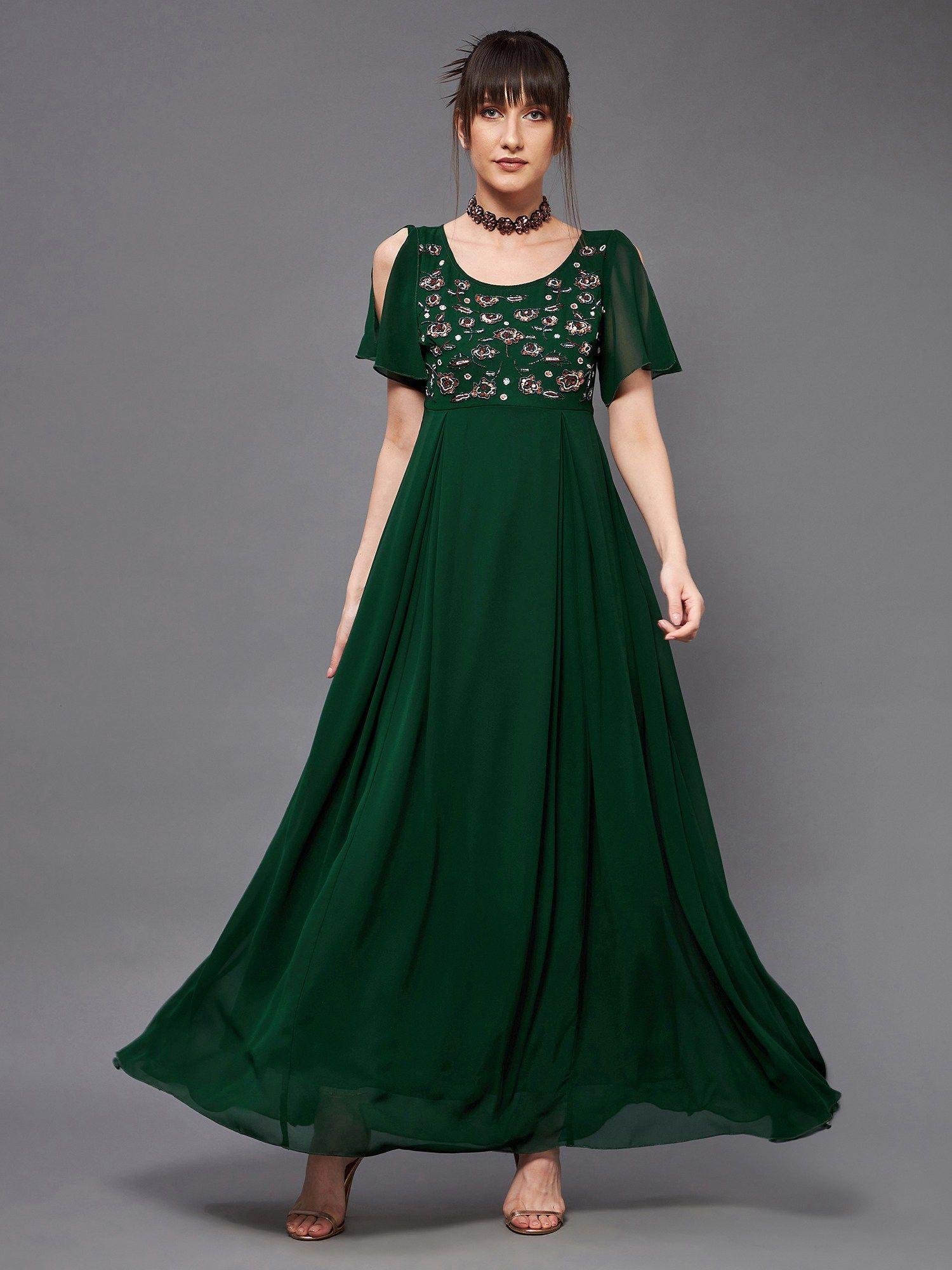 dark green round short slit sleeve solid embellished georgette maxi dress