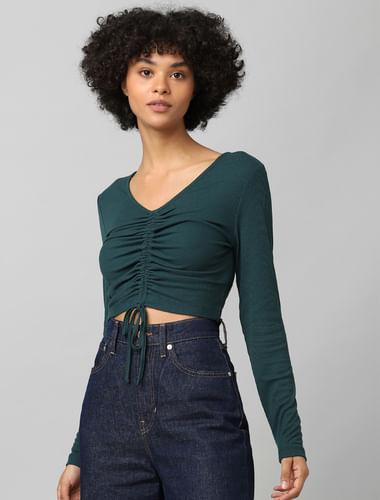 dark green ruched ribbed crop top