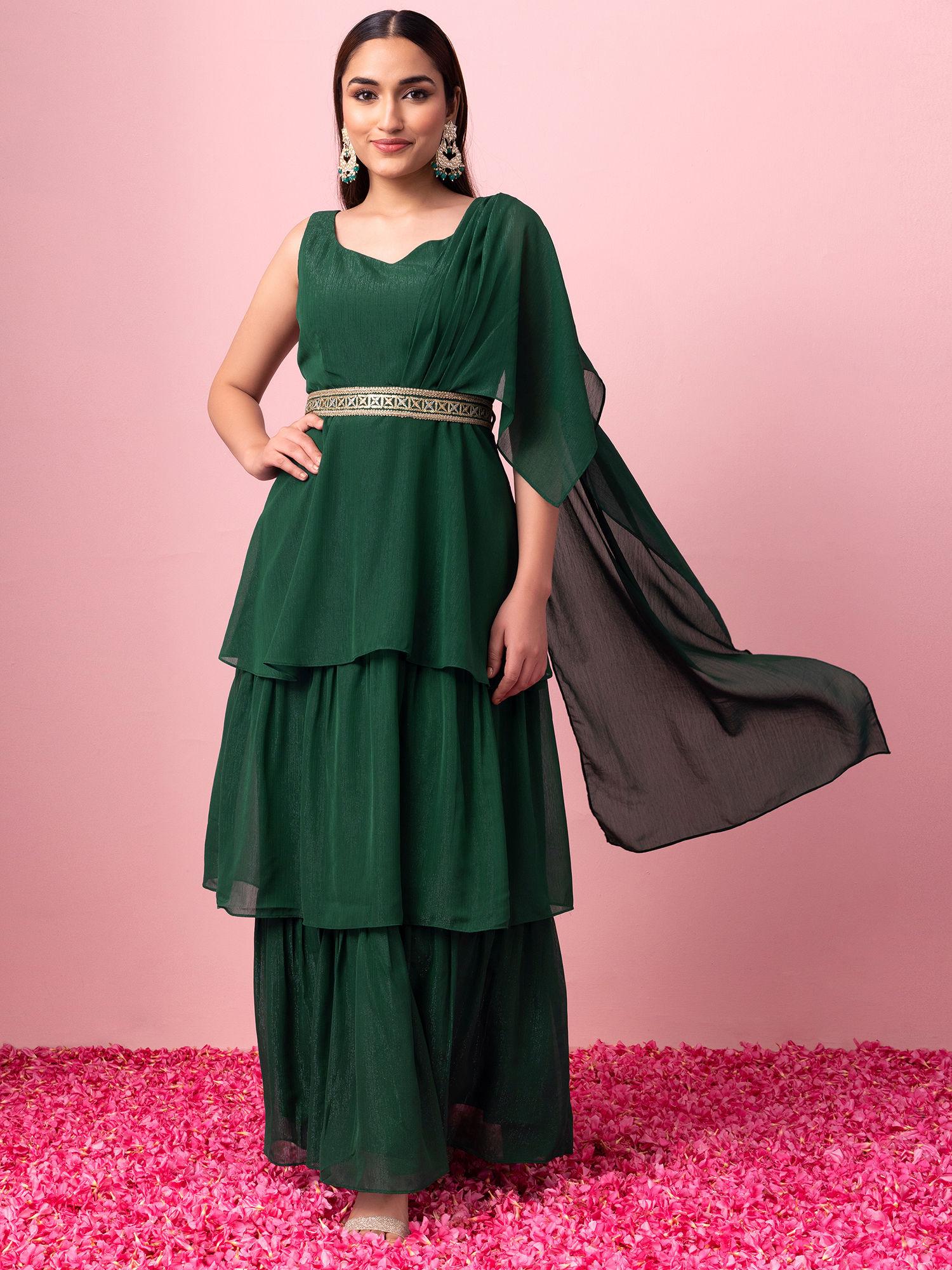 dark green ruffled kurta with attached dupatta and embroidered belt (set of 2)