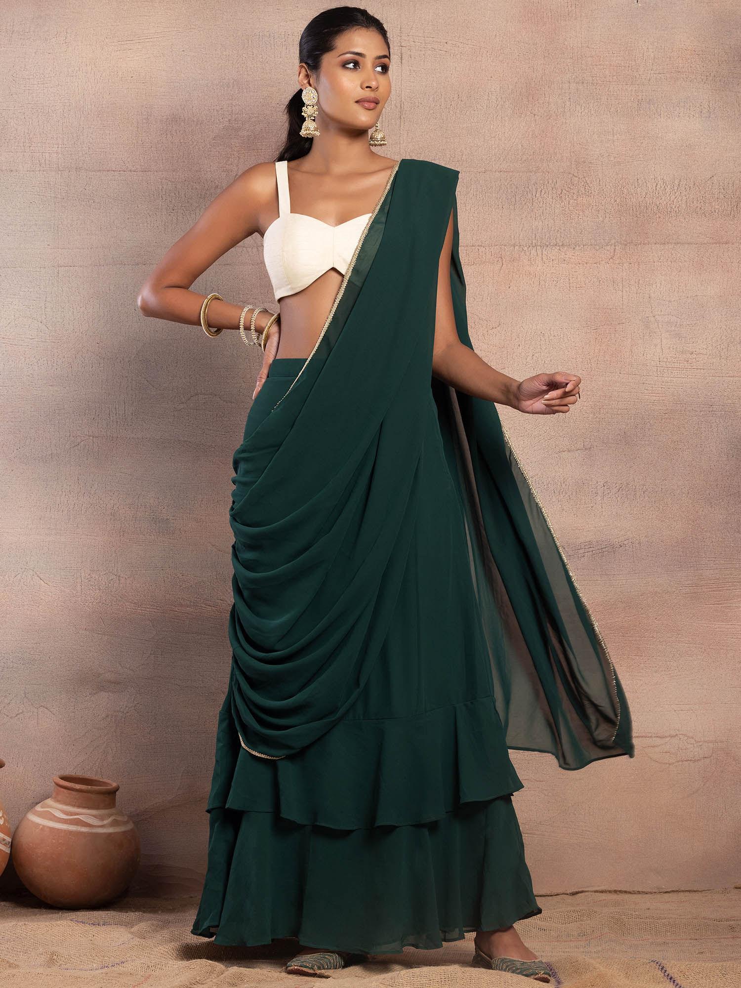 dark green ruffled ready to wear saree