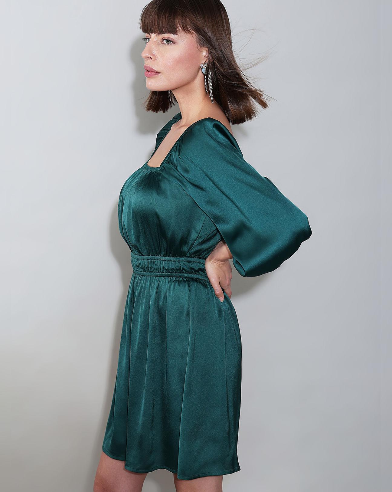 dark green satin fit & flare dress