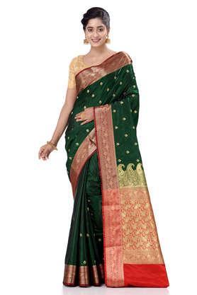 dark green satin silk solid banarasi saree with beautiful embroidery and stone work in body and border - dark green