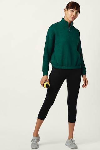dark green self design active wear full sleeves high neck women regular fit sweatshirt