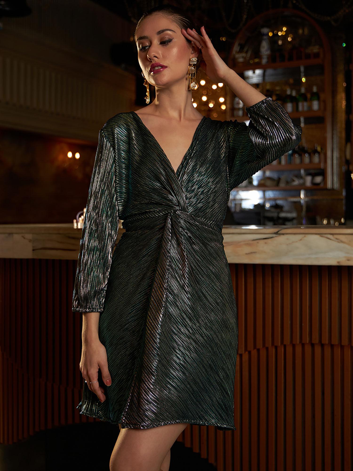 dark green self design sheath wrap dress