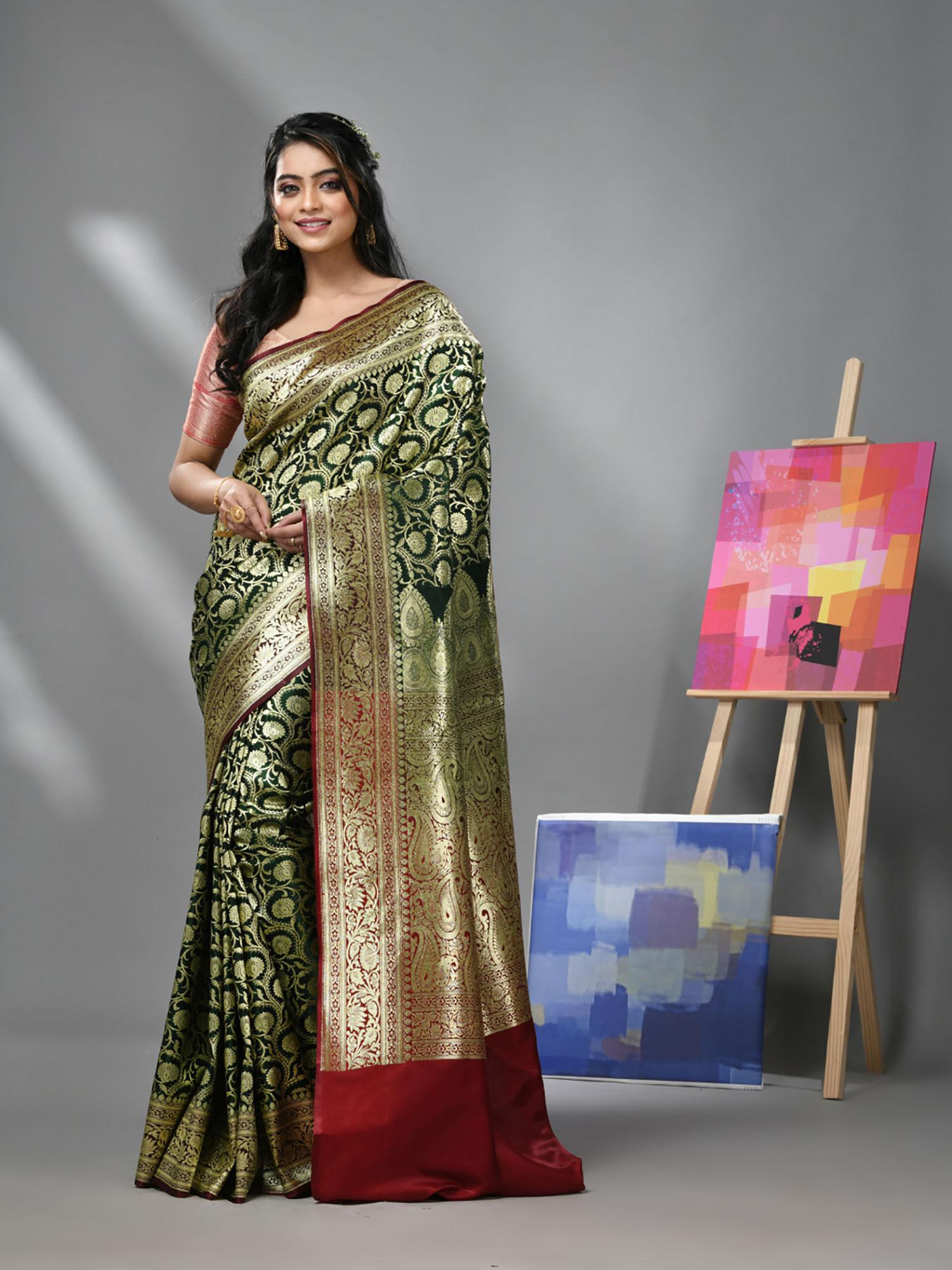 dark green silk banarasi saree with zari woven designs & unstitched blouse