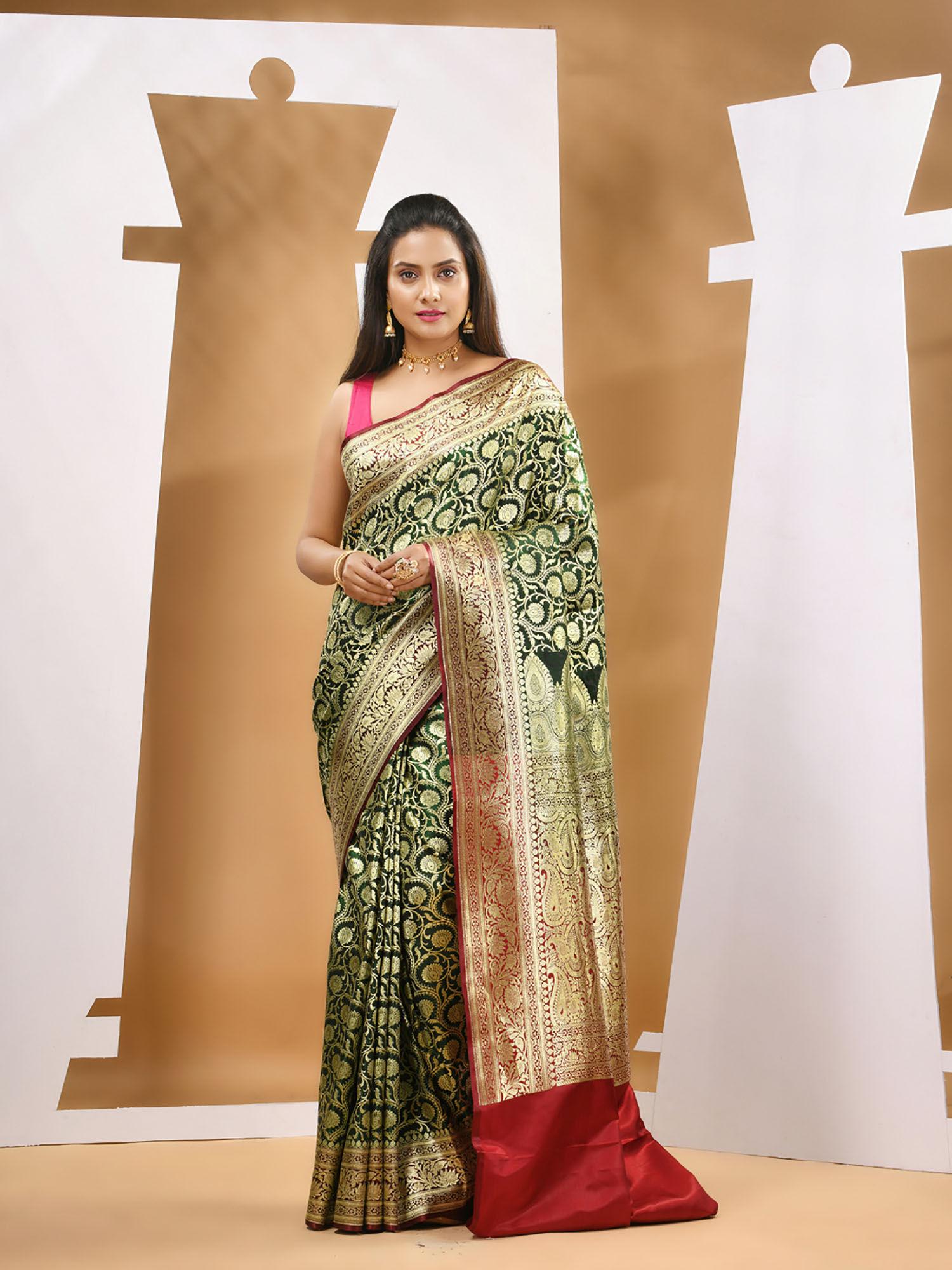 dark green silk banarasi zari saree with unstitched blouse