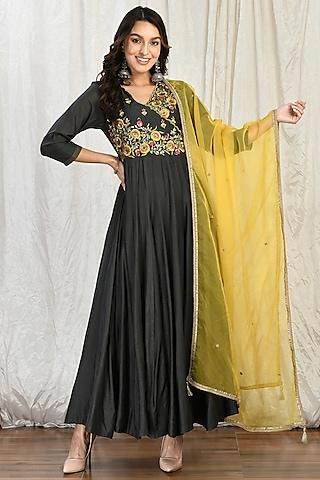 dark green silk chanderi embroidered anarkali set