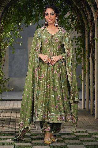 dark green silk chanderi printed & embroidered kalidar kurta set