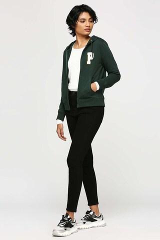dark green solid casual full sleeves regular hood women slim fit sweatshirt