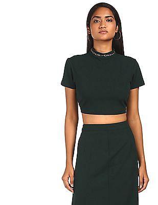 dark green solid crop top and skirt set