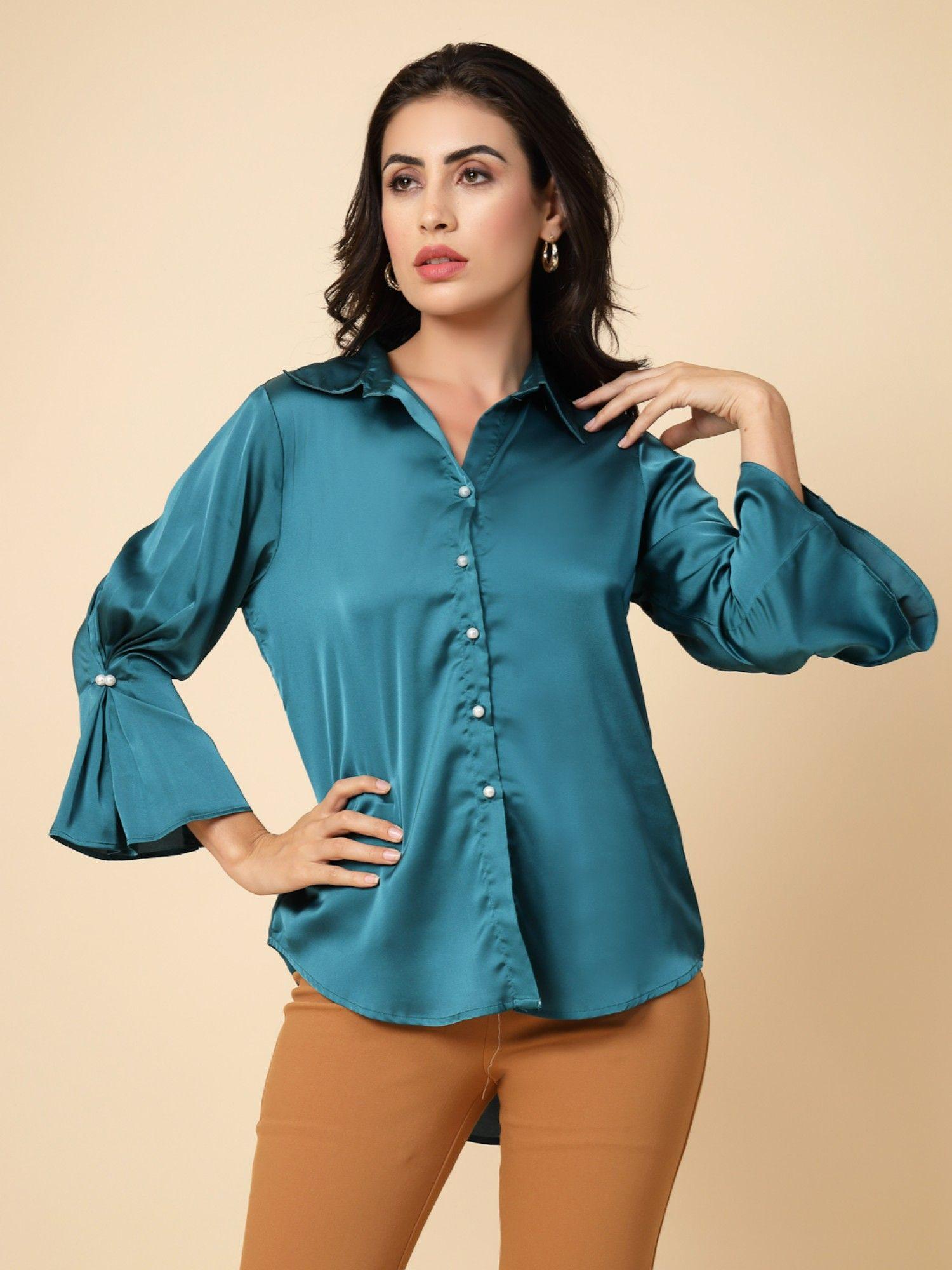 dark green solid satin shirt