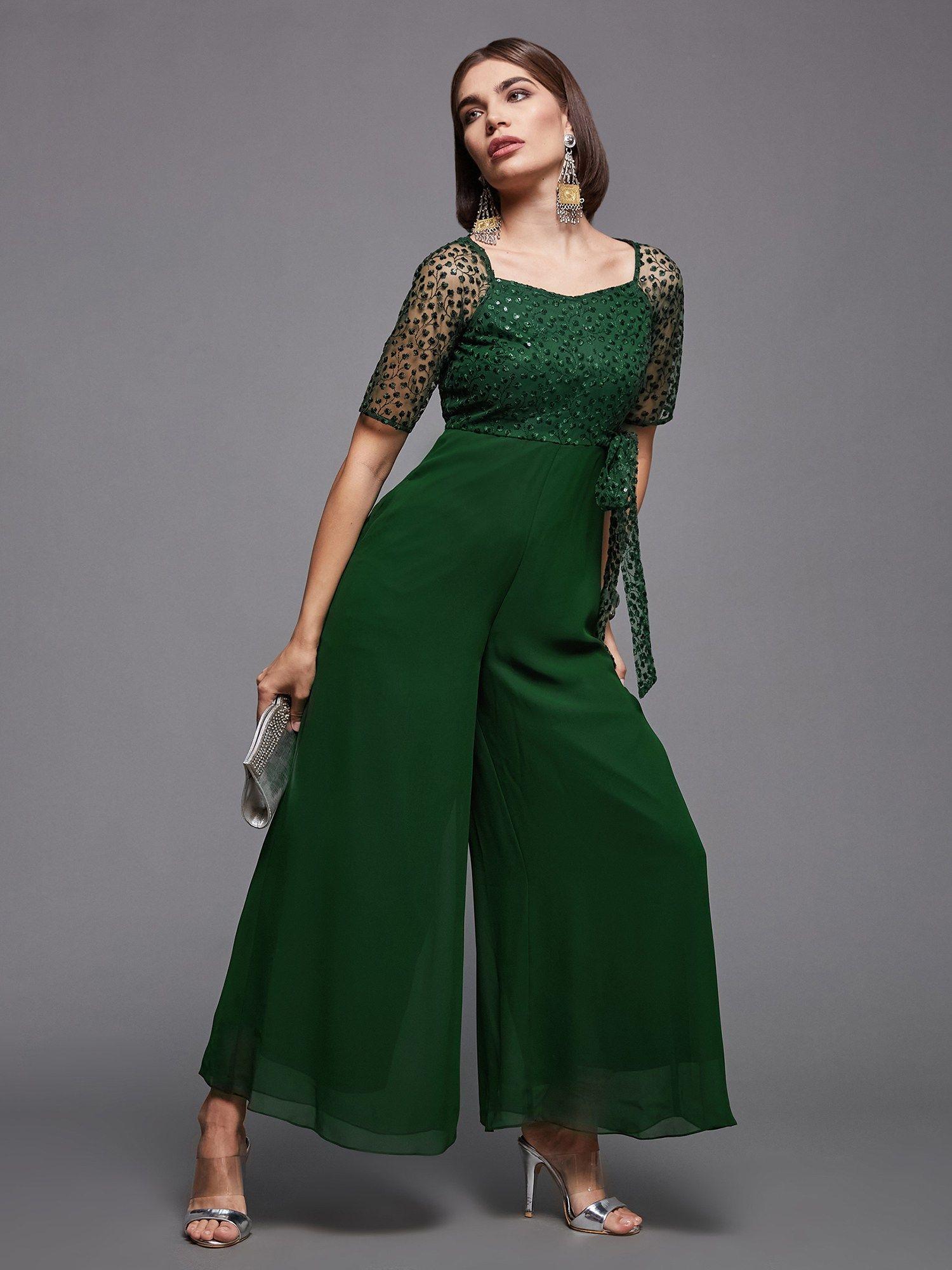 dark green square neck sleeve solid embellished regular jumpsuit