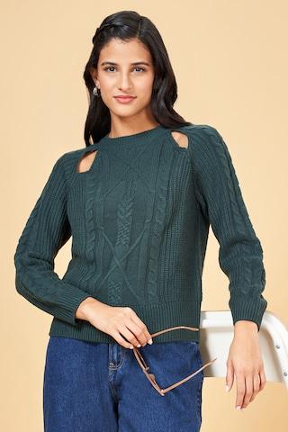 dark green textured casual full sleeves round neck women slim fit  sweater