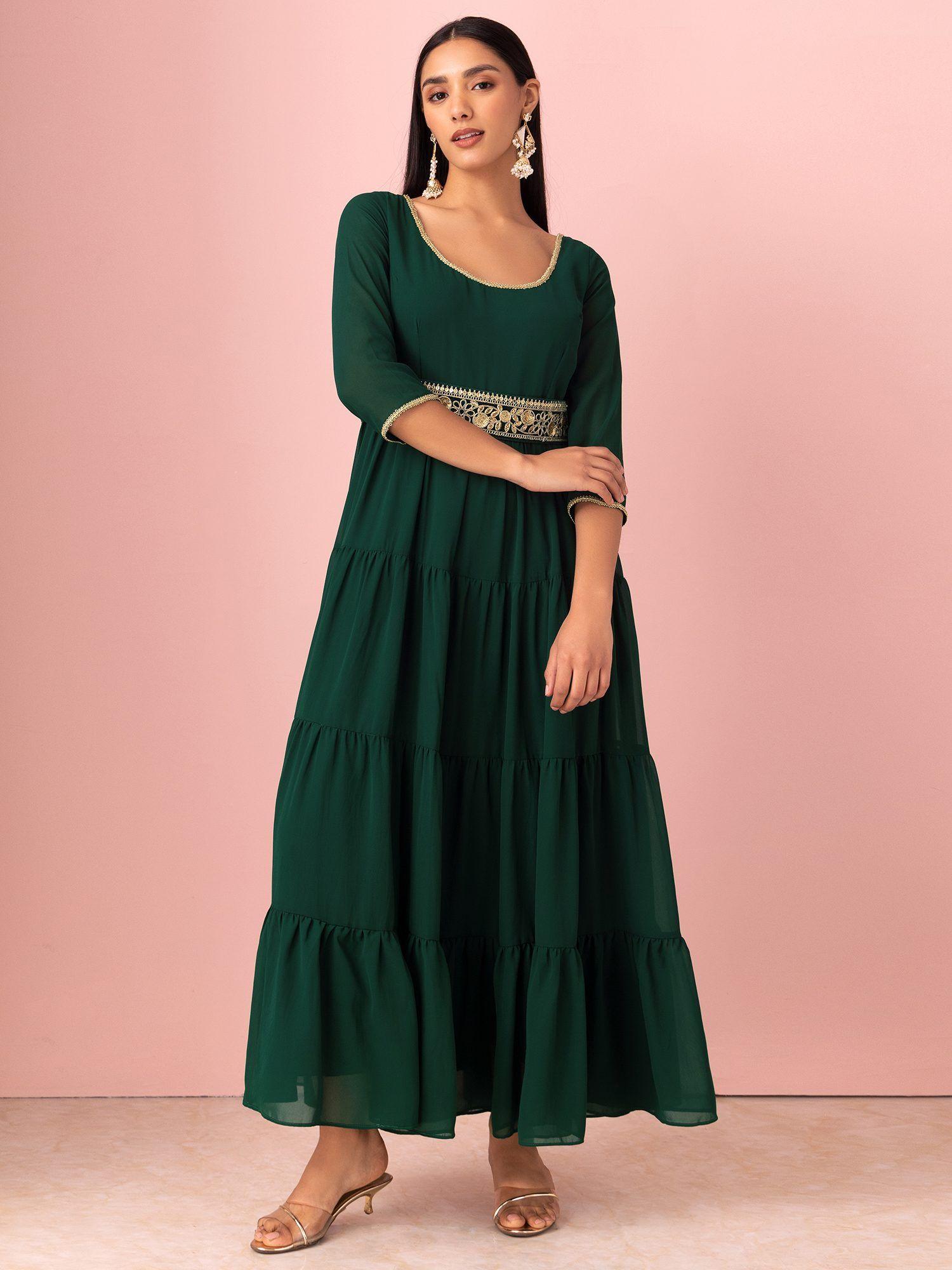 dark green tiered dress with embroidered belt (set of 2)