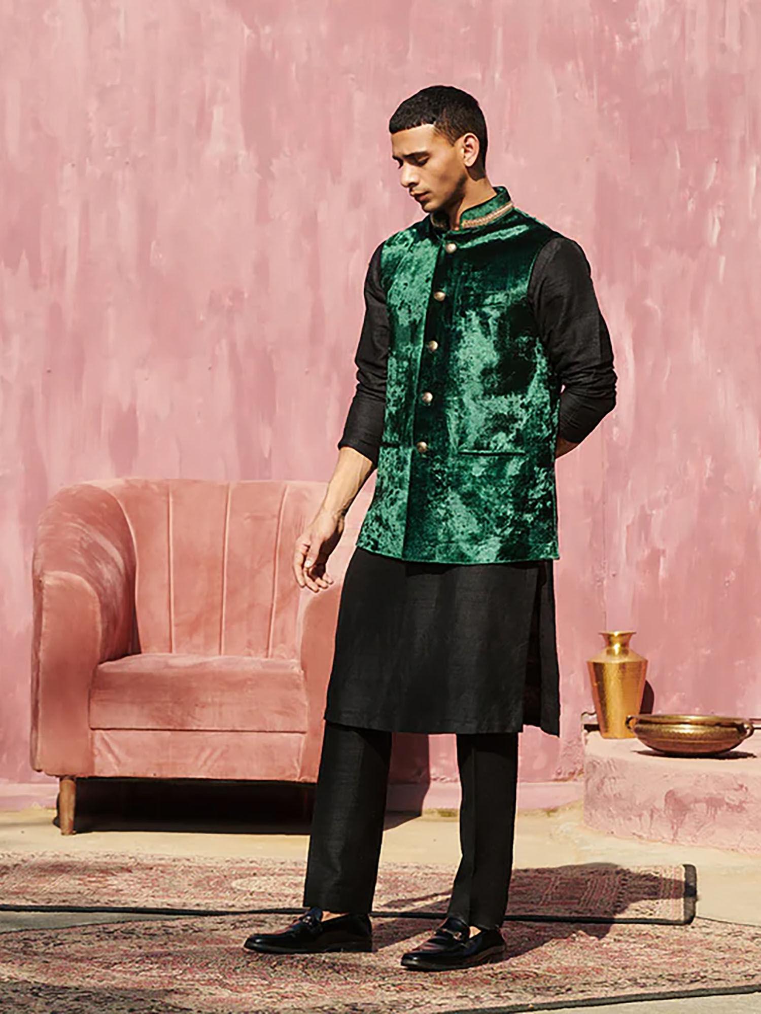 dark green velvet handcrafted nehru jacket