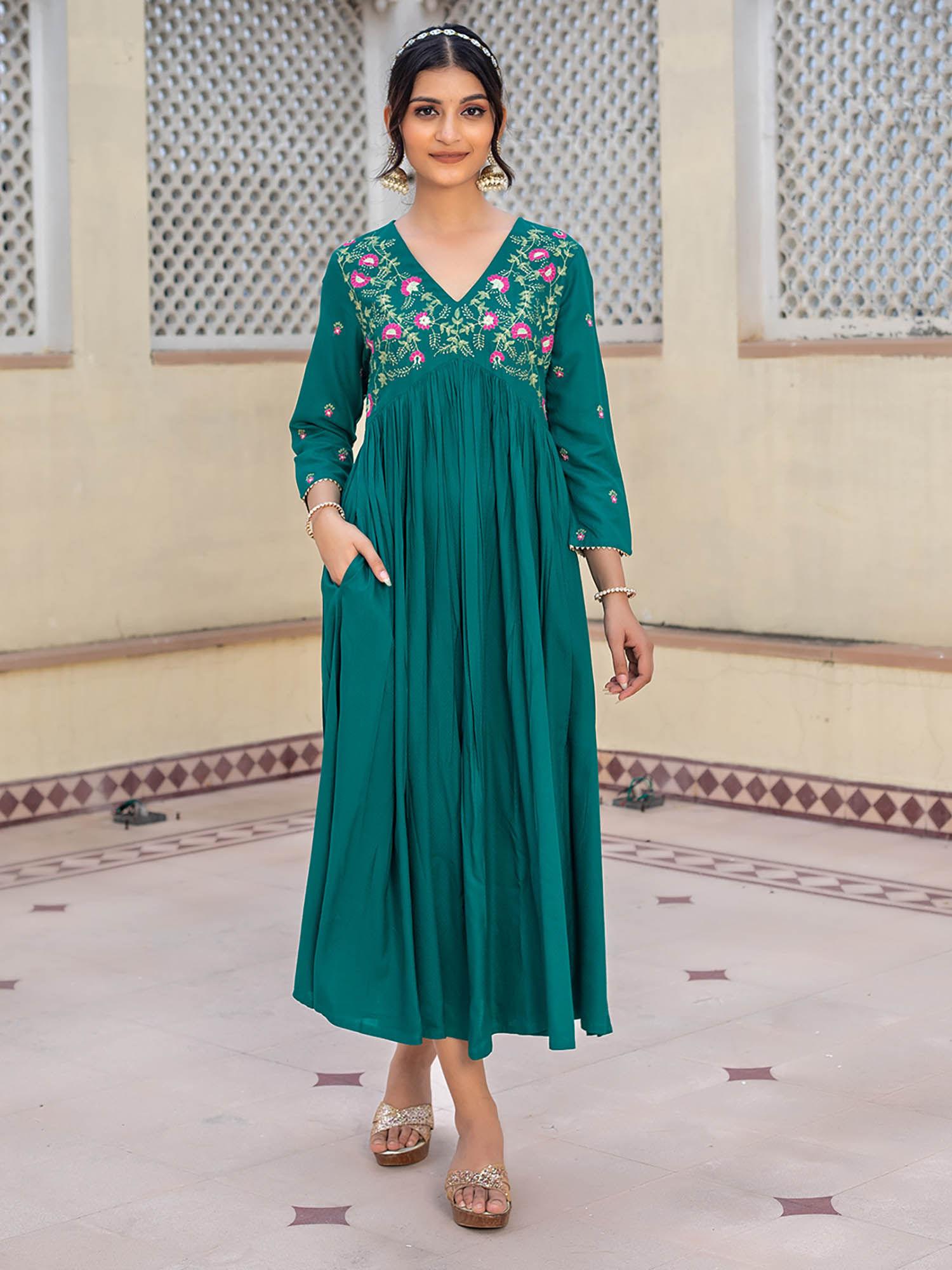 dark green viscose dobby floral embroidered a-line dress