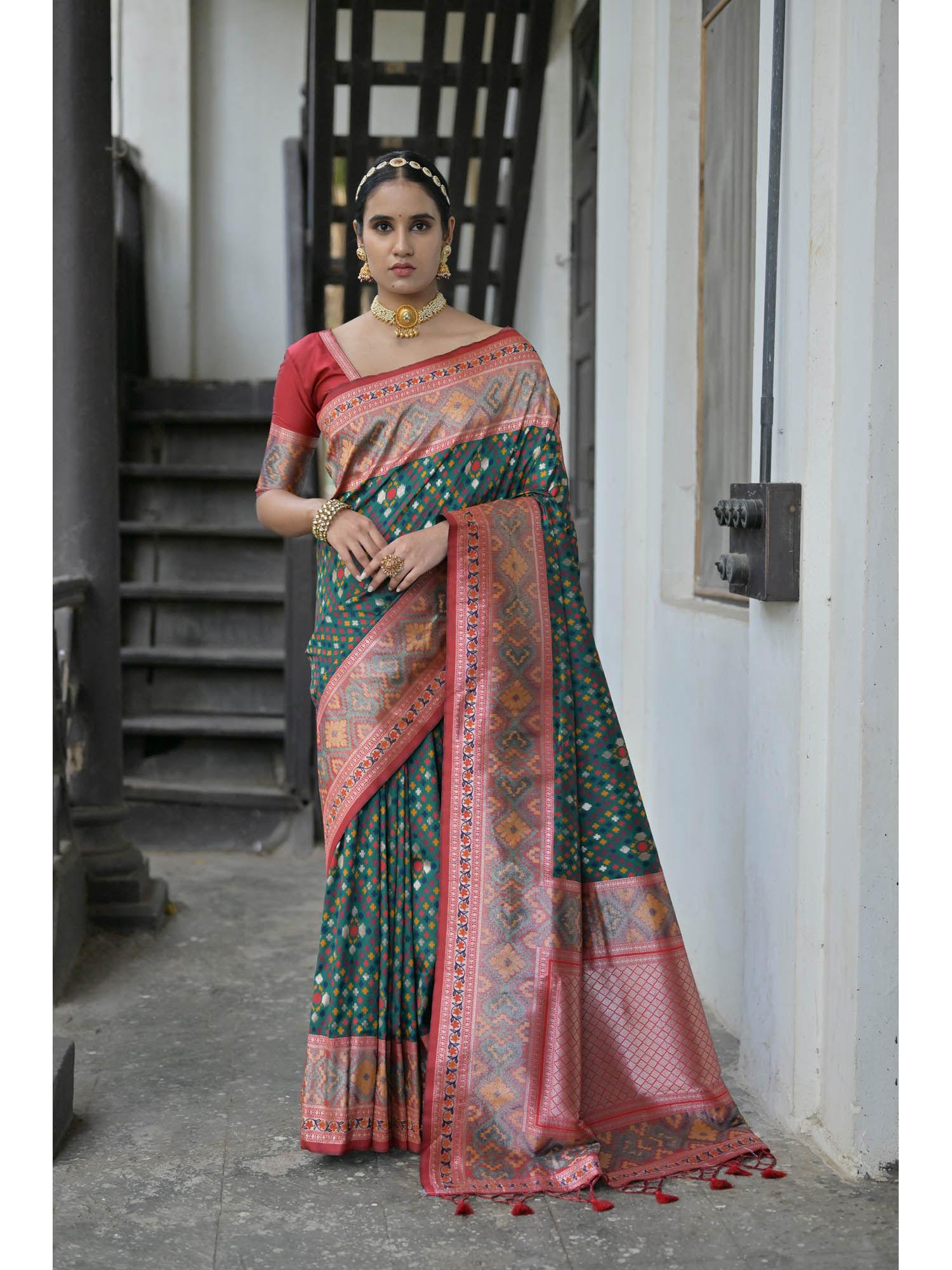 dark-green zari woven meenakari weaves pathani silk saree with unstitched blouse