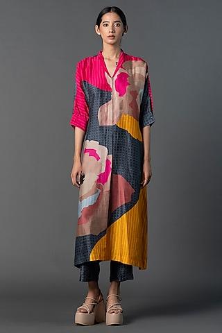 dark grey & hot pink dupion silk printed a-line kurta set