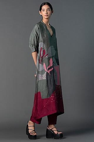dark grey & maroon dupion silk printed a-line kurta set
