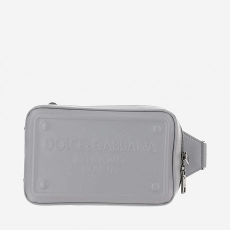 dark grey calfskin leather fanny pack with embossed logo