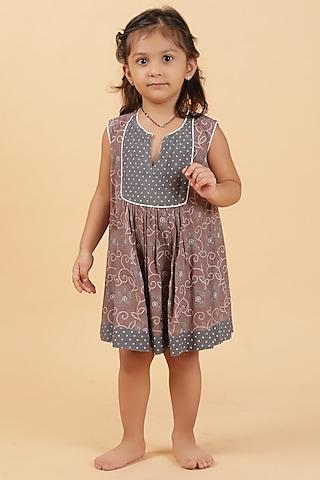 dark grey cotton bandhani printed flared dress for girls