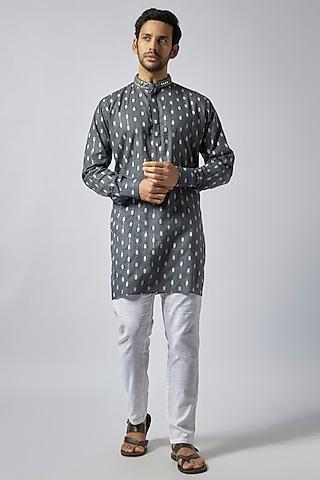 dark grey cotton printed & mirror embroidered kurta set for boys