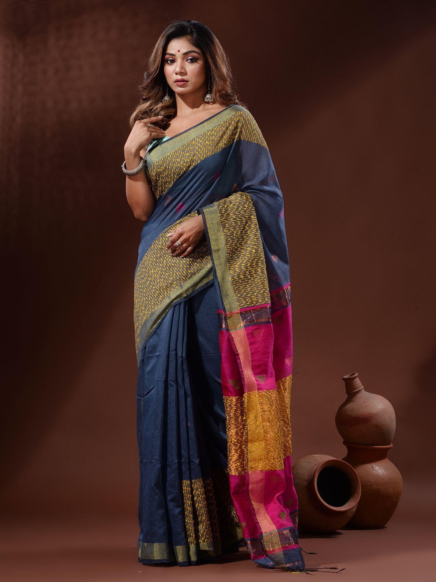 dark grey cotton silk handwoven soft saree with unstitched blouse