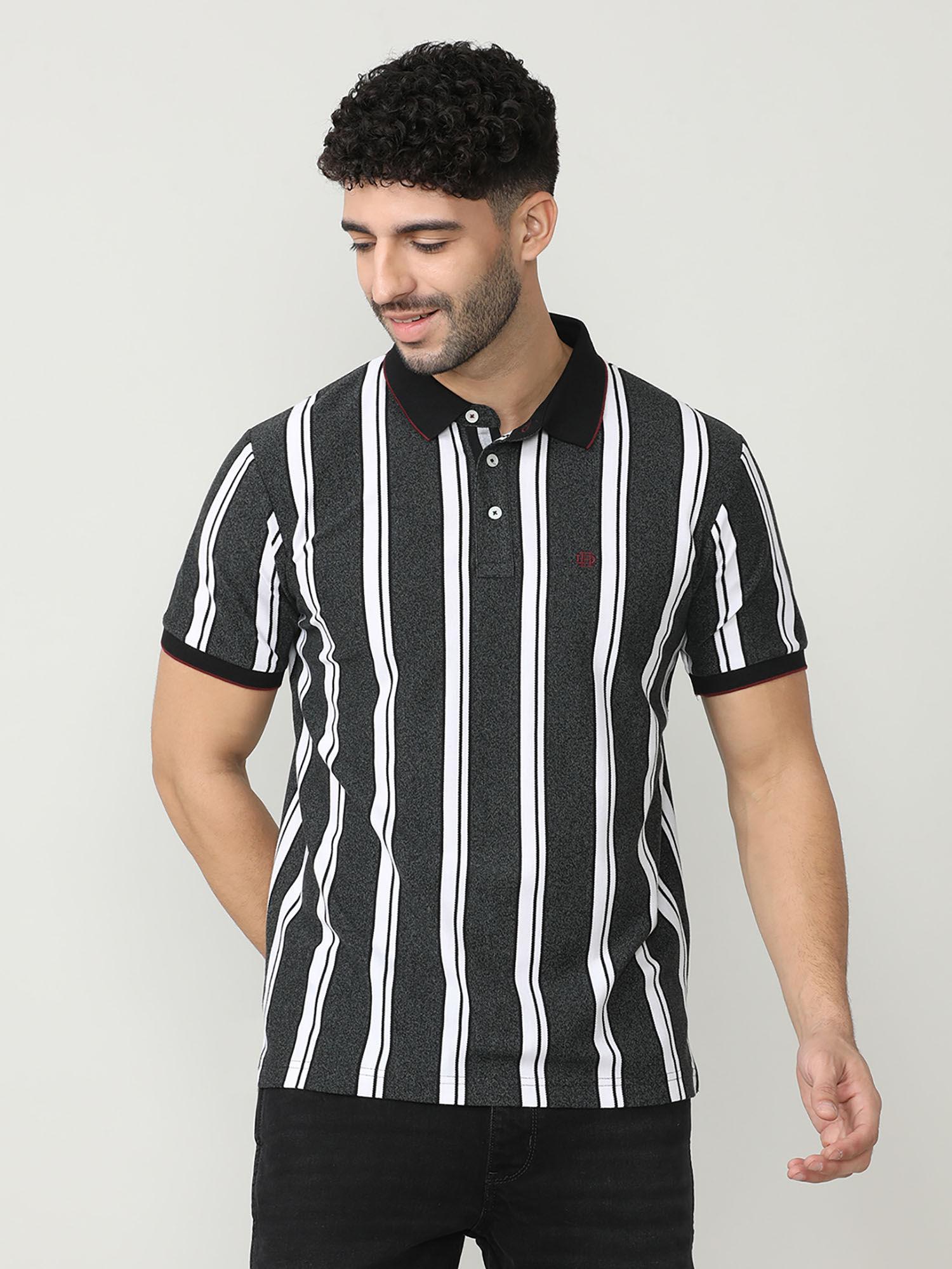 dark grey half sleeves pique stripes polo t-shirt