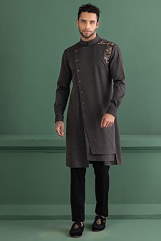 dark grey knit embroidered asymmetric kurta