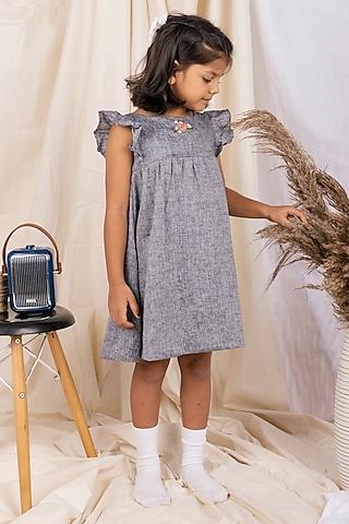 dark grey linen & lyocell hand embroidered ruffled dress for girls