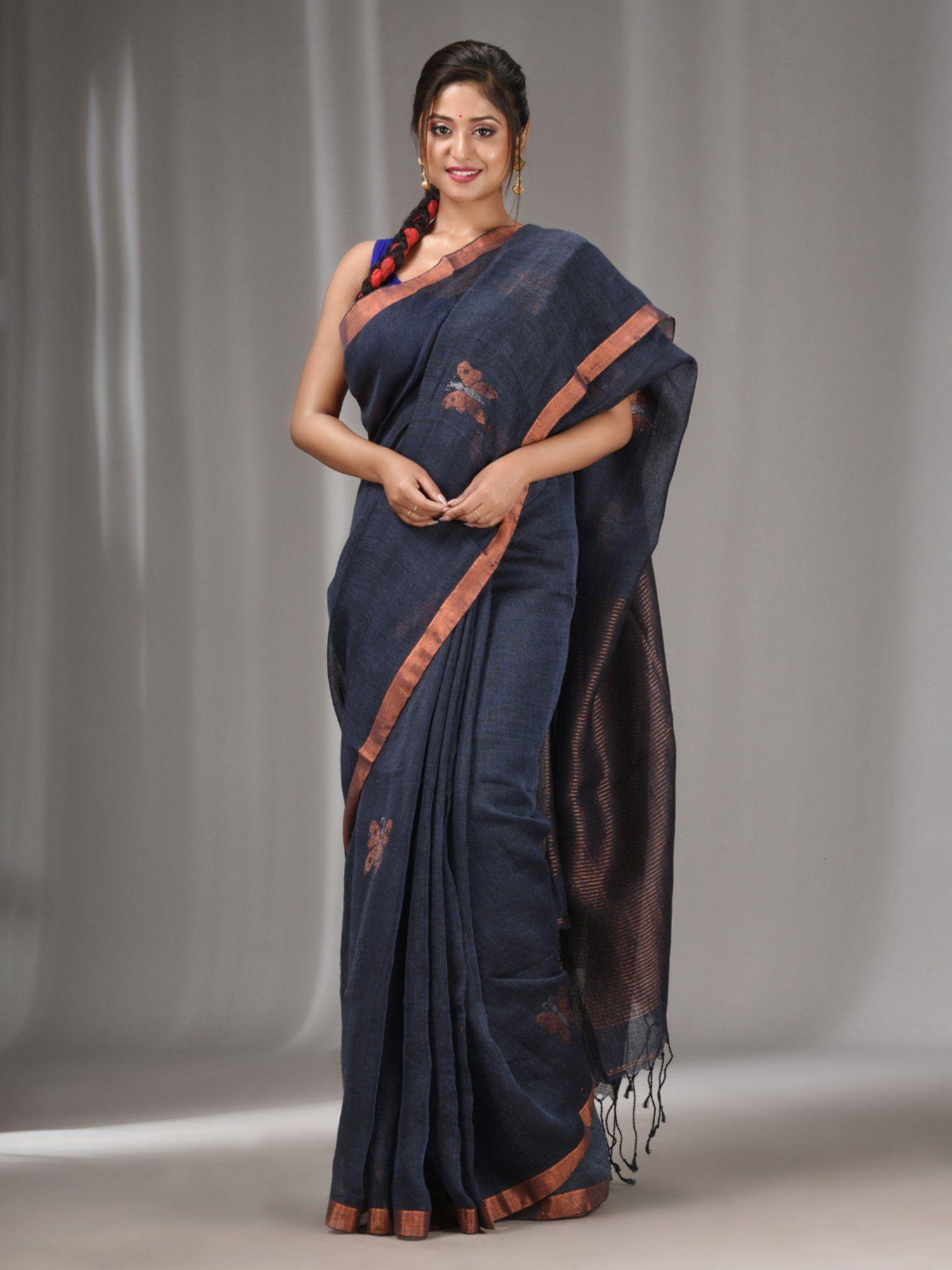 dark grey linen handwoven saree with butterfly motifs with unstitched blouse