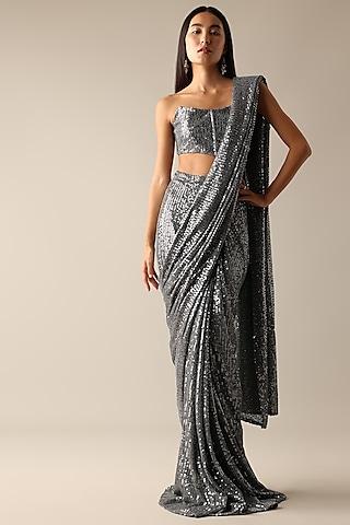 dark grey net sequins pre-pleated saree set